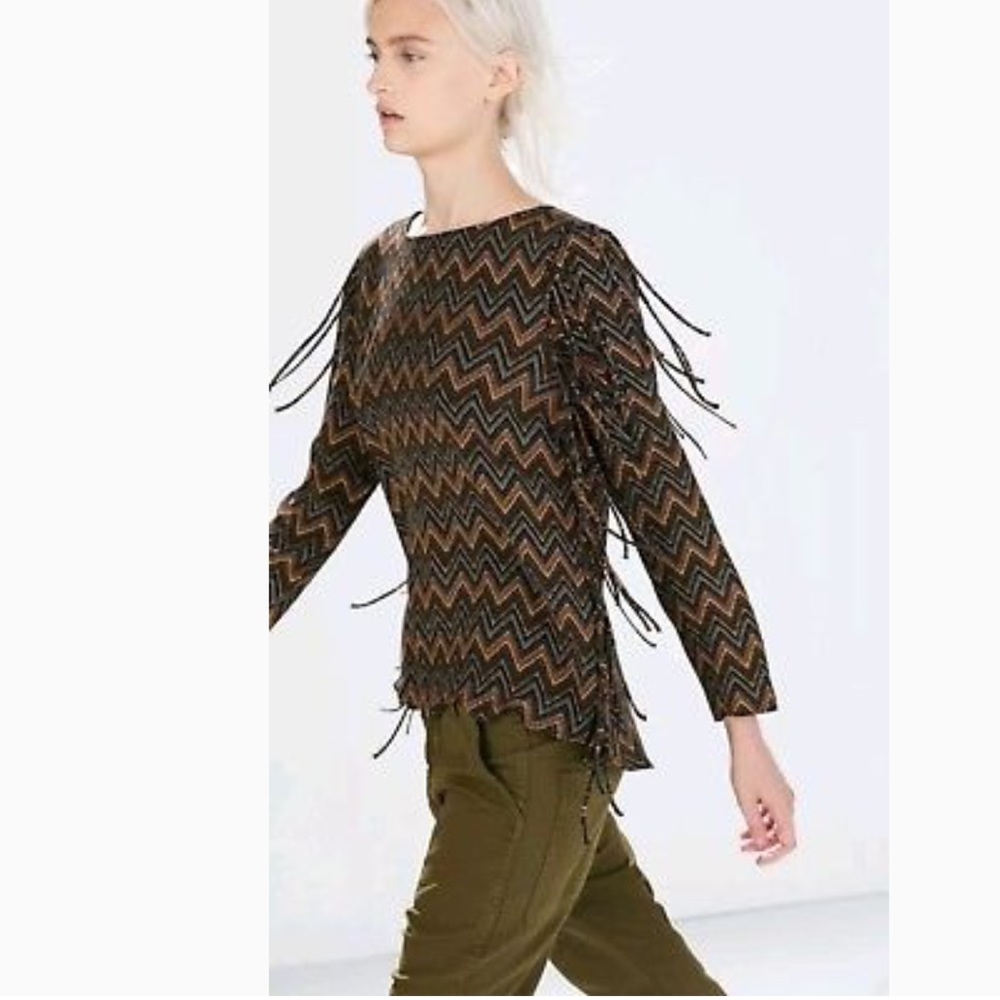 ZARA Fringe Aztec Zig Zag Print Blouse Top